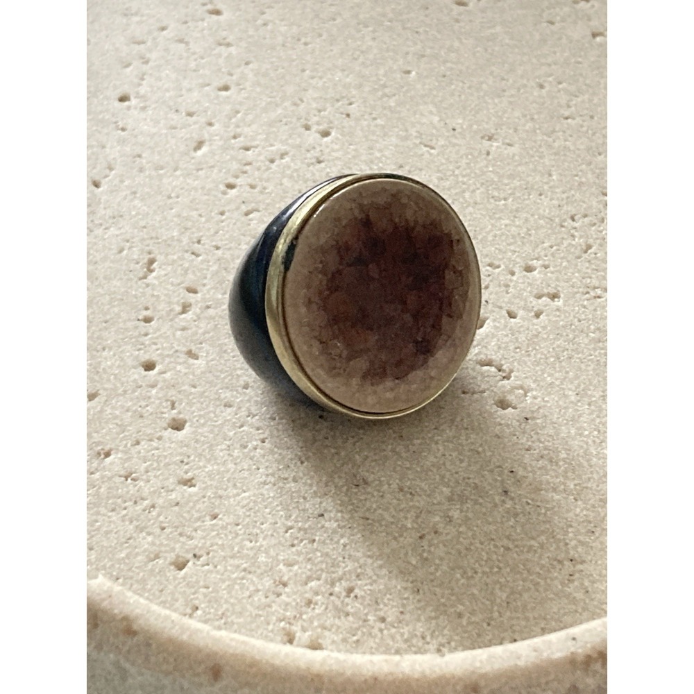 Modernist Black Gold Tone Statement Ring Size 6 Brown Stone Round Cabochon Mod